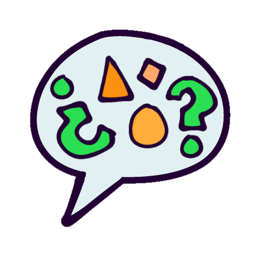 Several orange shapes with a green upside-down question mark (¿) to their left, and a green question mark (?) to their right, all inside a bluish-white speech bubble. The shapes are a triangle, circle, and square, and each is a slightly different shade of orange